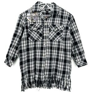 NWT Thrill Jeans Womens Black/White Denim Shacket Small Plaid Fringe Hem Relaxed